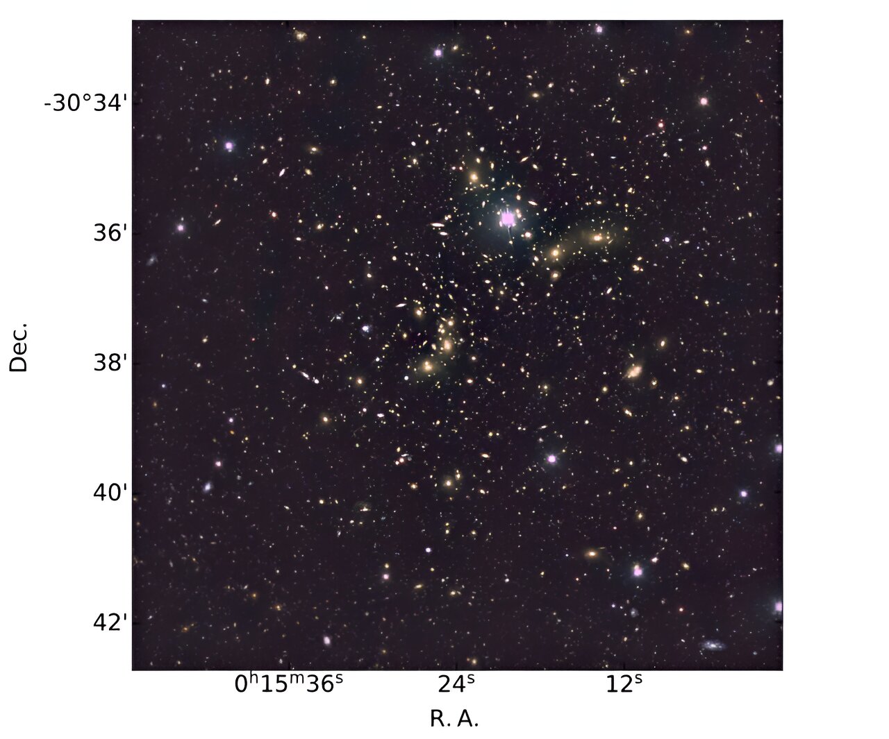 С помощью Магеллановых телескопов в Чили итальянские астрономы наблюдали гигантское скопление галактик, известное как Abell 2744, получившее название Скопление Пандоры
